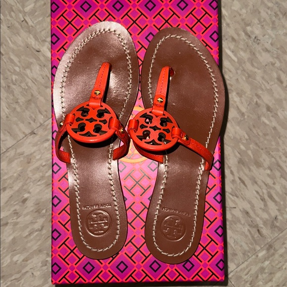 Tory Burch Vibrant Orange and Rich Brown Sandals Miller Thong Sandal - Picture 1 of 4